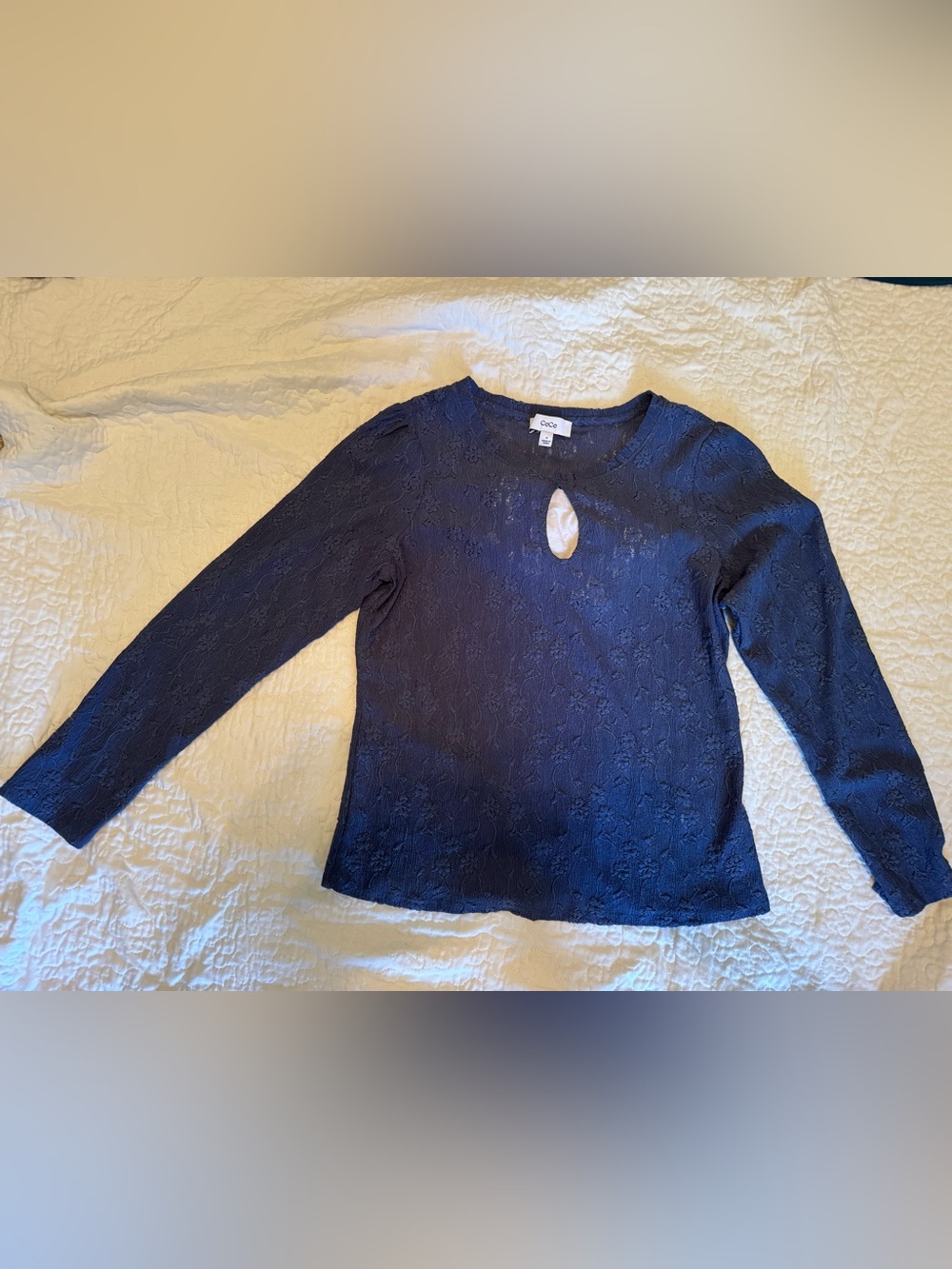 CeCe Blue Floral Lace Keyhole Top